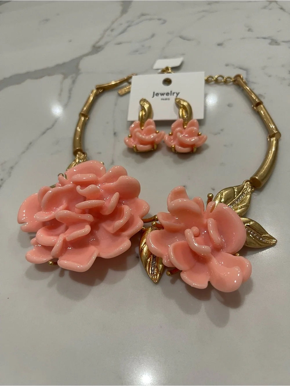 Vintage 18K Gold Plated and Pink Floral Statement Necklace and Earring Set